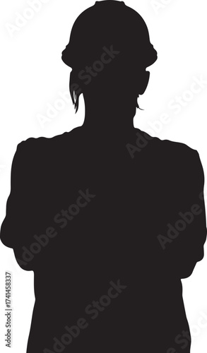 Silhouette of a person wearing a hard hat with arms crossed on a white background helmet
