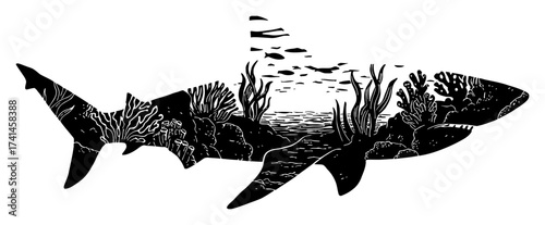 Shark Silhouette Double Exposure Underwater Sea Landscape with Seaweed Corals Black and White Outline Line Art Drawing