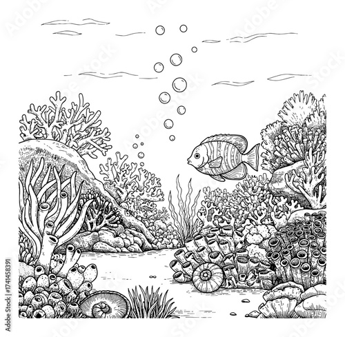 Underwater Landscape with Corals Seaweeds and Fish Black and White Outline Line Art Drawing Coloring Book