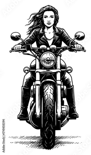 Woman with flowing long hair riding motorbike front view Black and White Outline Line Art Drawing