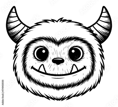 Cute Furry Smiling Yeti Monster Head Character Graphic Black and White Outline Line Art Drawing