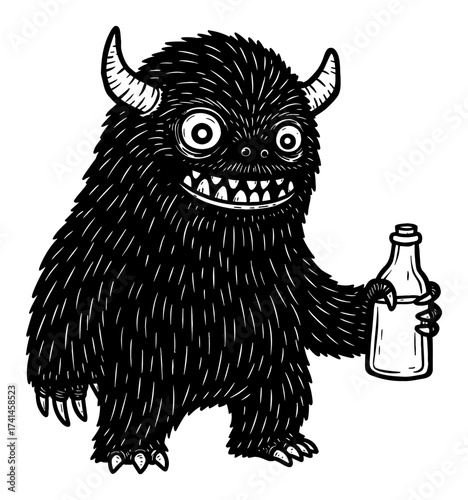 Scary Yetti Monster Holding Bottle Detailed Black and White Outline Line Art Drawing Engraving