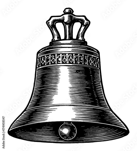 Antique Bell with Decorative Crown Black and White Outline Line Art Drawing Isolated Vector Illustration