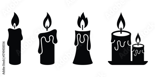 Silhouette candle icon with burning fire wick in flat design style concept. Scented candles vector icon. Candle icon. Editable stroke. Vector illustration. EPS 10