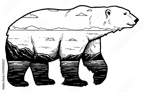 Polar Bear Silhouette Double Exposure Antarctica Landscape Black and White Outline Line Art Drawing