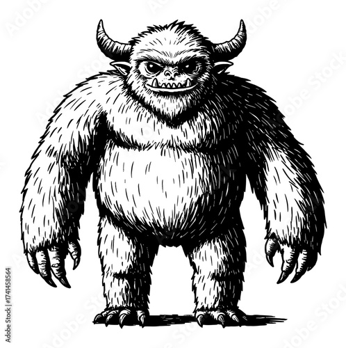 Fierce Hairy Yetti Monster Standing Front View with Horns Black and White Outline Line Art Drawing