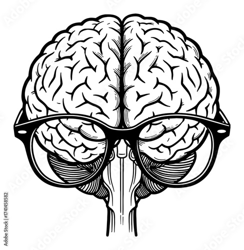 Brain Wearing Eyeglasses Front View Black and White Outline Line Art Drawing Engraving Style
