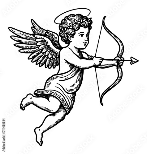 Cherub with Bow and Love Arrow Aiming Target in Vintage Black and White Outline Line Art Drawing