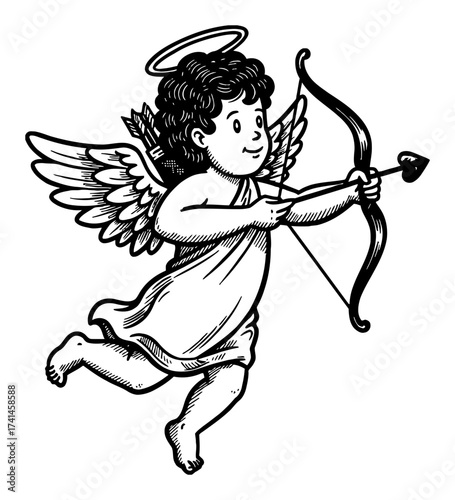 Cute Cherub with Bow and Love Arrow Aiming Target Black and White Outline Line Art Drawing