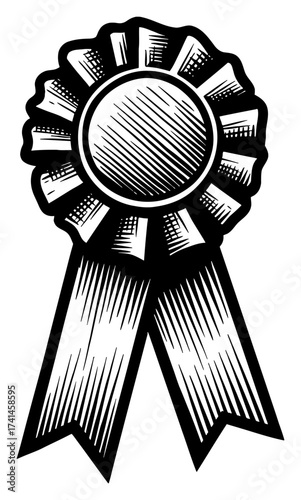 Detailed realistic award ribbon Black and White Outline Line Art Drawing prize achievement winner symbol