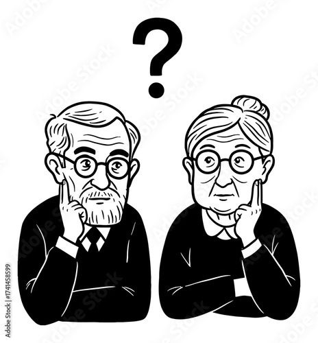 Doubtful grandpa and grandma thinking with question mark above heads in Black and White Outline Line Art Drawing