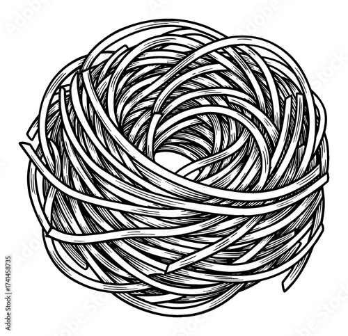 Pasta Strands Curled Layered Circular Bundle with Flowing Curves Black and White Outline Line Art Drawing