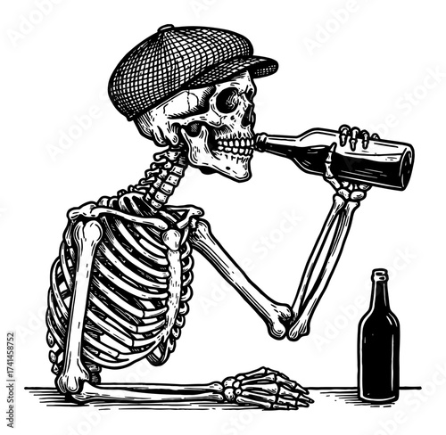 Skeleton drinking bottle wearing vintage newsboy cap sitting on floor Black and White Outline Line Art Drawing