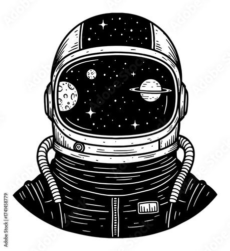 Space and Planets Double Exposure inside Astronaut Helmet Silhouette Black and White Outline Line Art Drawing
