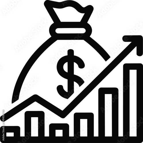 Black money bag icon with upward trending bar graph and dollar sign chart finance