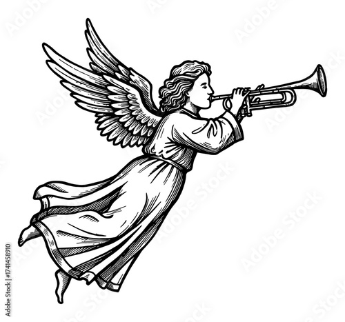 Vintage Angel Flying and Playing Trumpet Horn Black and White Outline Line Art Drawing Engraving Style