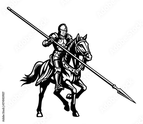 Medieval Knight Riding Horse Holding Spear Logo Vintage Black and White Outline Line Art Drawing