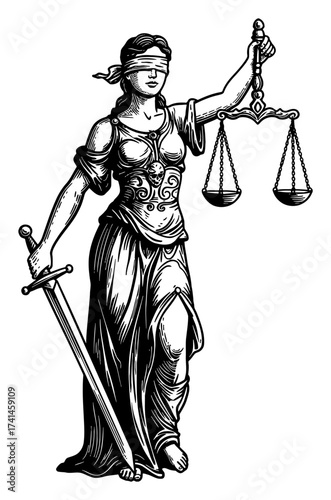 Lady Justice Frontal Blindfolded Holding Scales and Sword Black and White Outline Line Art Drawing