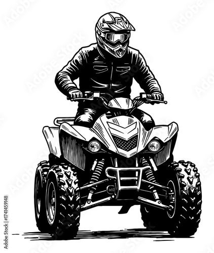 Man Ride Quad Bike Front View Wearing Helmet Black and White Outline Line Art Drawing Vector Engraving