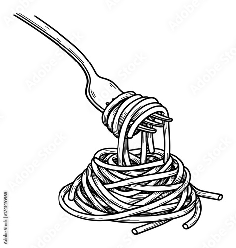 Pasta strands curled with a long fork layered in circular bundle Black and White Outline Line Art Drawing
