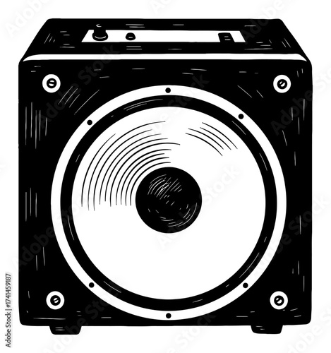 Vintage Music Speaker Cabinet Audio Device Illustration Black and White Outline Line Art Drawing