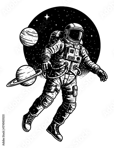 Floating Astronaut in Outer Space with Planets Black and White Outline Line Art Drawing Vector Illustration