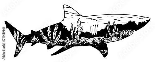 Shark Silhouette Filled with Underwater Sea Landscape and Corals Black and White Outline Line Art Drawing