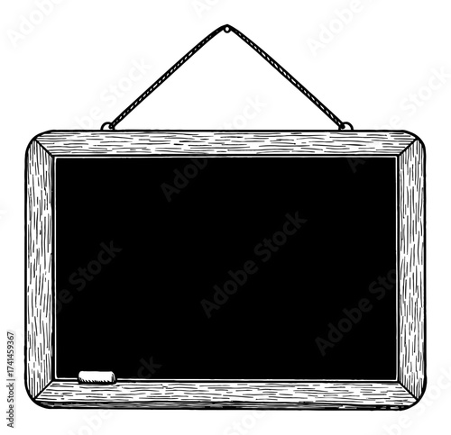 Vintage Hanging Chalkboard with Wooden Frame and Chalk Black and White Outline Line Art Drawing