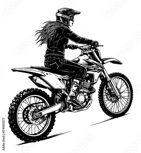 Woman with flowing long hair riding offroad motorcycle side view Black and White Outline Line Art Drawing
