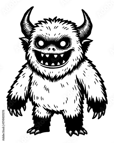 Scary Yeti Monster Big Teeth Creature Horns Black and White Outline Line Art Drawing