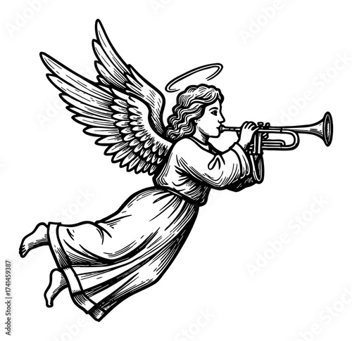 Vintage Celestial Angel Flying and Playing Trumpet Horn Black and White Outline Line Art Drawing