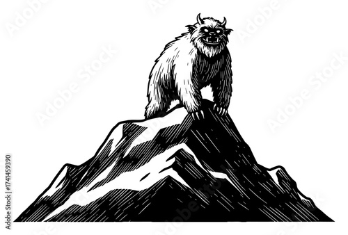 A Ferocious Yetti Monster Standing on a Snowy Mountain Peak Black and White Outline Line Art Drawing