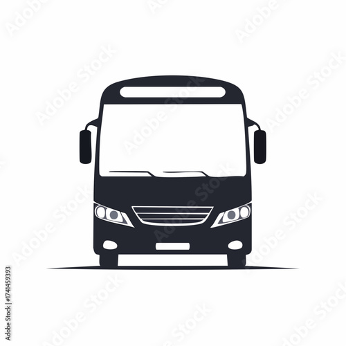 Front view silhouette of a sleek modern passenger bus, designed as a simple vector icon for public transport, city travel, and urban mobility concepts