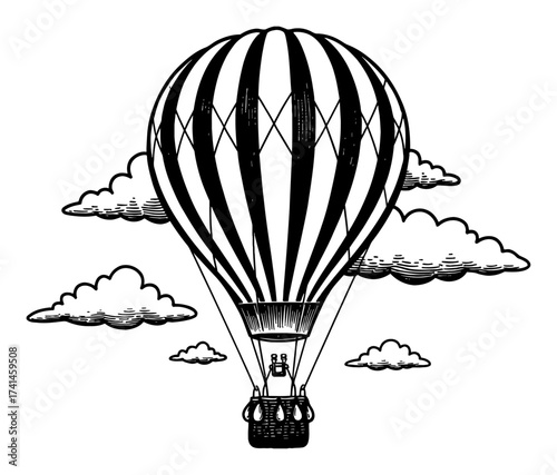 Empty Hot Air Balloon Flying with Clouds Vintage Style Black and White Outline Line Art Drawing