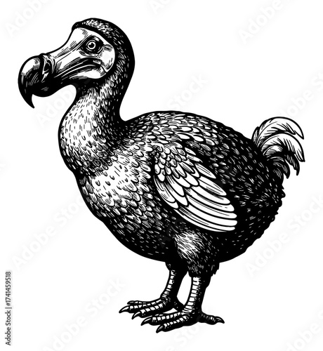 Dodo Bird Full Body Extinct Animal Vintage Black and White Outline Line Art Drawing Engraving