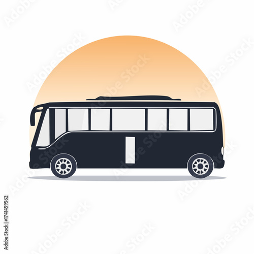 Black bus silhouette with orange sun transportation and travel concept
