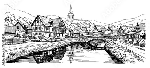 Traditional European Village Landscape River Bridge Black and White Outline Line Art Drawing Coloring Book Style
