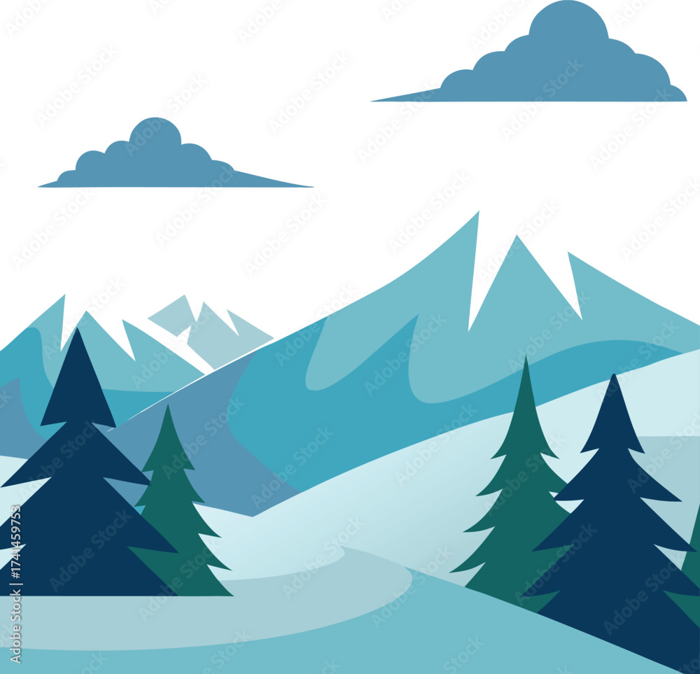 Obraz premium Vector art of winter mountain landscape with snowcapped peaks and pine trees under a starry night sky