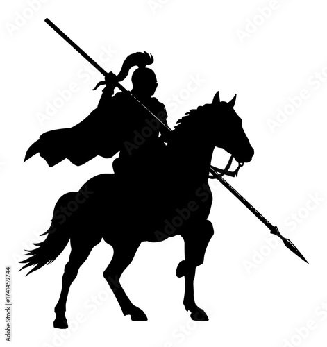 Knight Riding Horse Holding Spear Silhouette Logo Black and White Outline Line Art Drawing Illustration