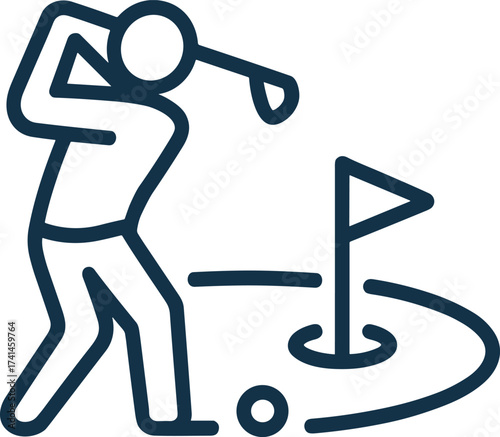 Stylized dark blue golf player swinging club near hole and ball golfer sport