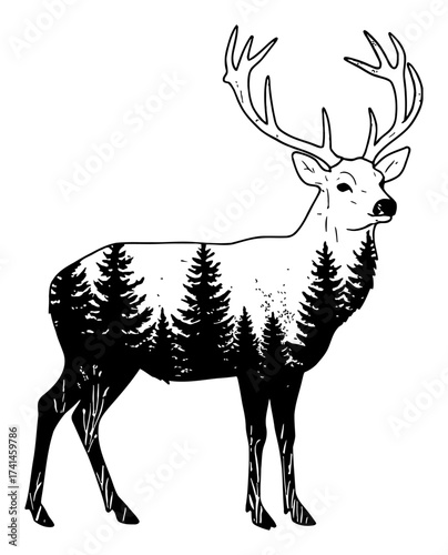 Double Exposure Forest Landscape Inside Big Deer Silhouette Black and White Outline Line Art Drawing