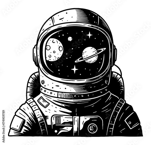 Astronaut Helmet Space Planets Double Exposure Inside Visor Black and White Outline Line Art Drawing