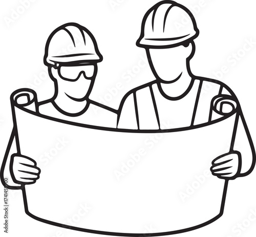 Construction Workers with Blueprint Line Art Illustration