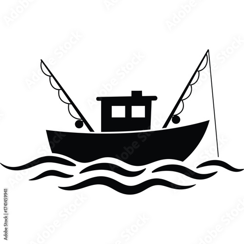 Fishing Boat Silhouette sea ocean water black and white vessel marine maritime transportation recreation hobby rod wave icon