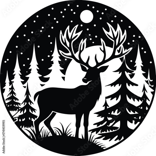 Silhouette of a deer in a winter forest under the moonlight