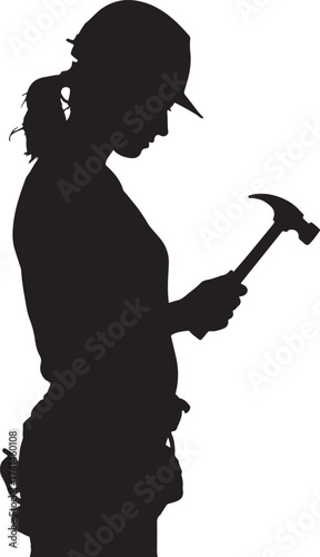 Silhouette of a Woman Wearing a Hard Hat Looking at a Hammer origin this