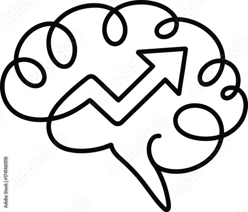 Black line art brain with upward trending arrow inside mind thought