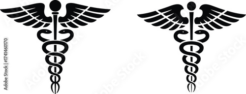 Two black caduceus symbols with wings and snakes on white background medical health