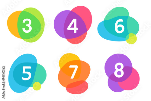 Vector set of abstract number bullet points 3 to 8. Colorful transparent shapes for infographics, workflow diagrams, process steps, banners, and presentation options.