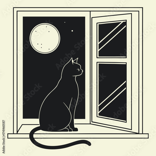 A cat silhouette sits on a window sill, watching the moon and stars at night